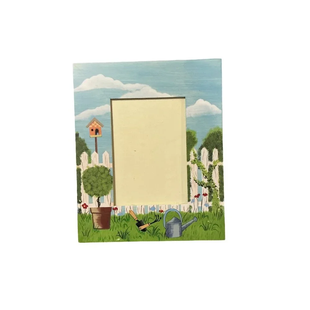 Rare Vintage Garden Scene Wooden Picture Frame 12” X 9.25” X .50” With Easel Bac
